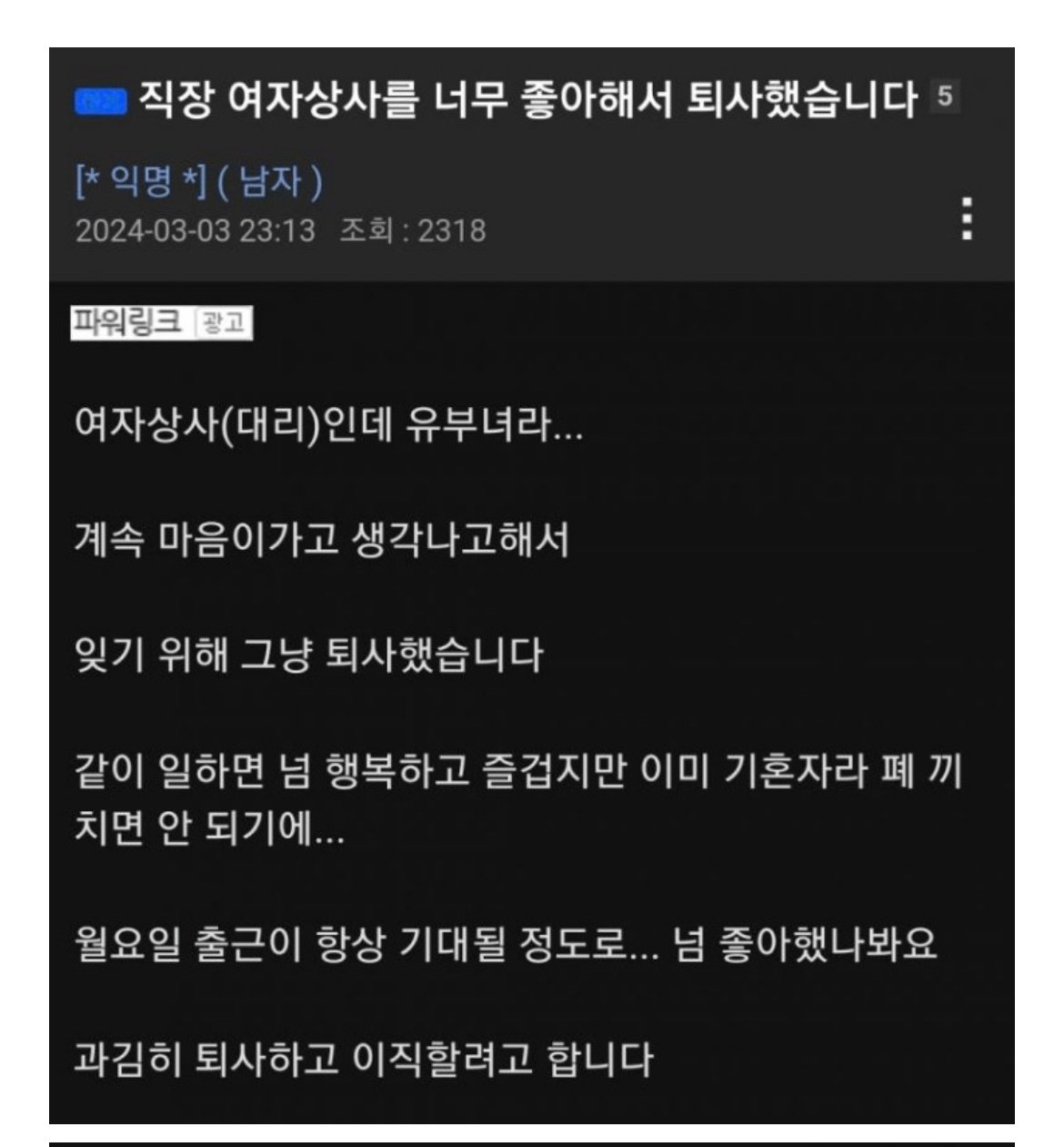 직장 여상사를 너무 좋아해서 퇴사했습니다