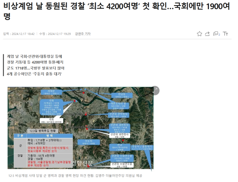 비상계엄 날 동원된 경찰 ‘최소 4200여명’ 첫 확인.. 국회에만 1900여명