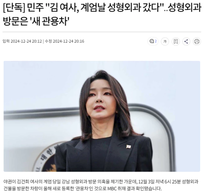 민주 "김 여사, 계엄날 성형외과 갔다".. 성형외과 방문은 '새 관용차'