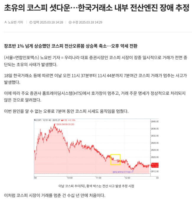 초유의 코스피 셧다운.. 한국거래소 내부 전산엔진 장애 추정