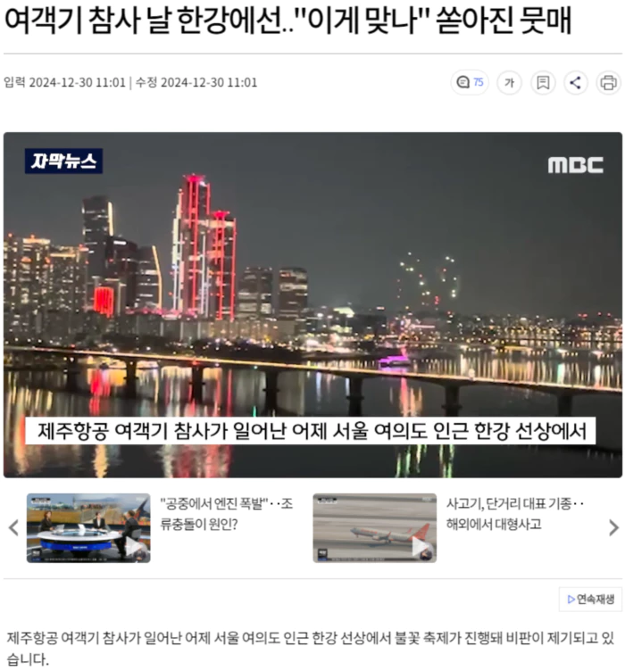 여객기 참사 날 한강에선.. "이게 맞나" 쏟아진 뭇매