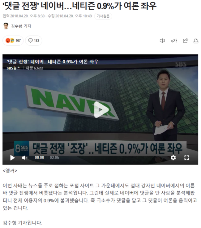 '댓글 전쟁' 네이버.. 네티즌 0.9%가 여론 좌우