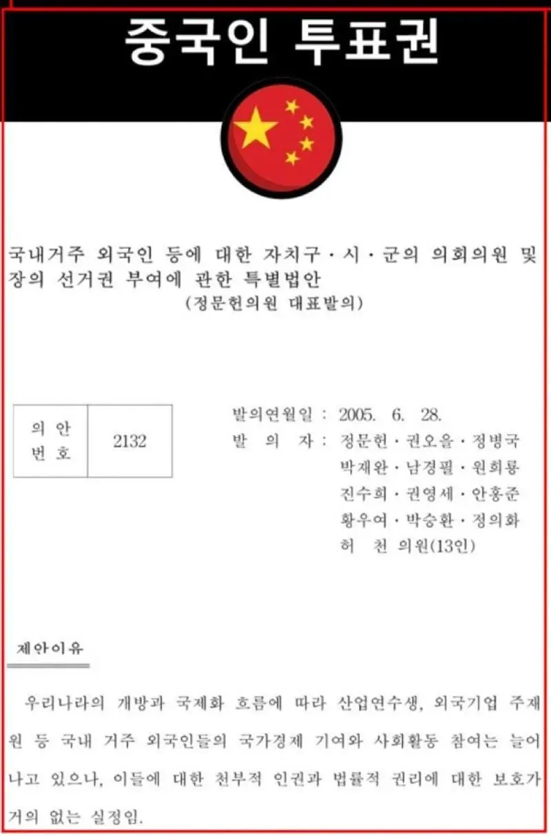 중국인 투표권 발의 한 국회의원 명단